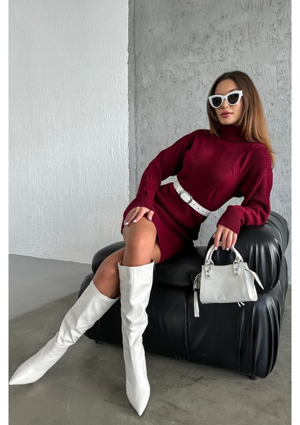 Nosia Fashion Triko Örme Desenli Bordo Mini Elbise