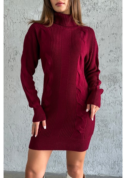 Nosia Fashion Triko Örme Desenli Bordo Mini Elbise