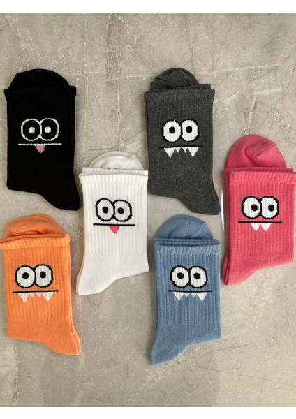 Sky Socks 6'lı Renkli Neşeli Yüz Çizgi Karakter Seti Kokulu Tenis Kolej Çorap