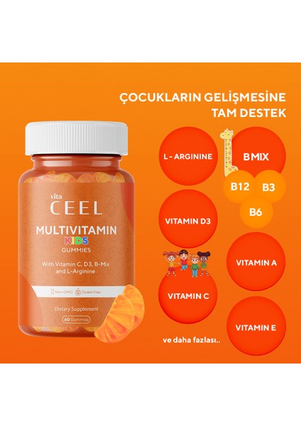 Çocuklar için Gelişme Çağı Multivitamini Vitamin C, D, B Mix, L-arginine