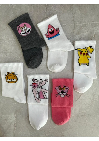 Sky Socks 6'lı Pikachu Garfield Neşeli Çizgi Karakter Seti Kokulu Tenis Kolej Çorap