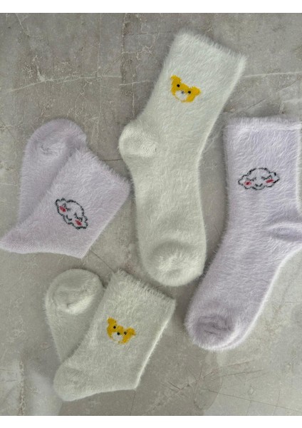 Sky Socks 2'li Peluş Kışlık Yumuşak Yünlü Kokulu Beyaz-Lila Uyku Çorabı