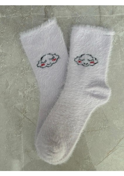 Sky Socks 2'li Peluş Kışlık Yumuşak Yünlü Kokulu Beyaz-Lila Uyku Çorabı