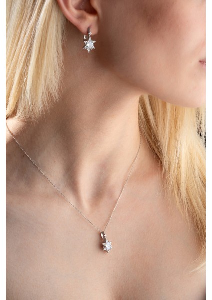 925 Ayar Gümüş Beyaz Oval Taşlı Küpe ve Kolye Set indirimleri