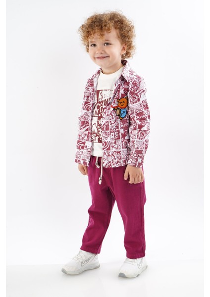 Kids 2/3/4/5 Yaş Pantolon Lu Uzun Kol Gömlek Li Tişört Lü 3 Lü Çocuk Takım