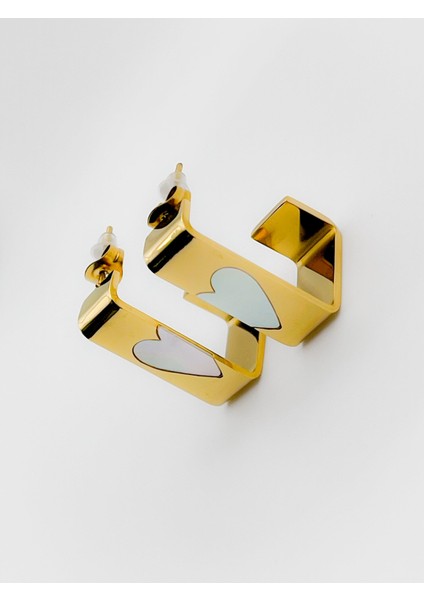 Çelik Marka Model Geometrik Kalp Detaylı Küpe Renk Gold modelleri