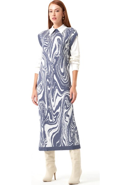 Özel Desenli Triko Indigo Elbise