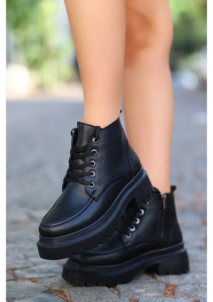 Poli Hafif Taban Bağcıklı&fermuarlı Casual Kalın Taban Kadın Bot Siyah modelleri