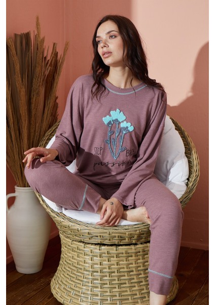 Kadın Baskılı Pijama Takımı Kaşmir Kışlık Pijama Takımı Waynap 8951