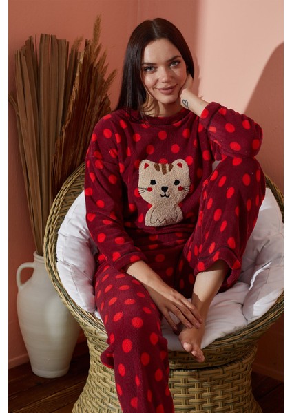 Kadın Kışlık Polar Pijama Takımı Desenli Peluş Takım Waynap 8890