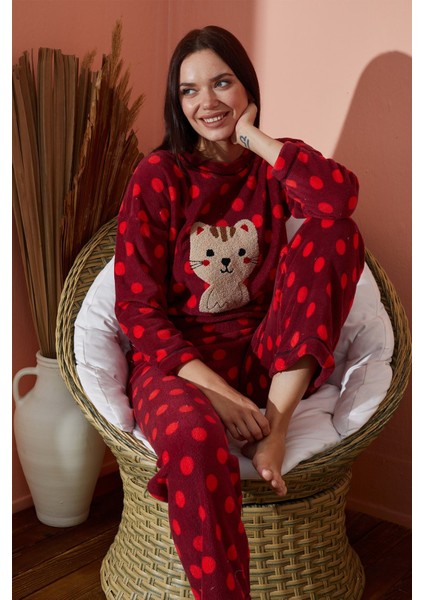 Kadın Kışlık Polar Pijama Takımı Desenli Peluş Takım Waynap 8890