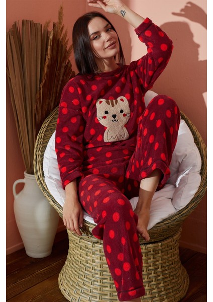 Kadın Kışlık Polar Pijama Takımı Desenli Peluş Takım Waynap 8890