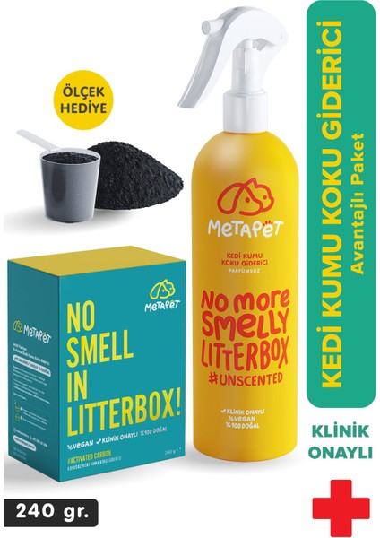 Kedi Kumu Koku Giderici Set, Kokusuz Kedi Kumu için Aktif Karbon (240 gr) ve Özel Parfümsüz Sprey