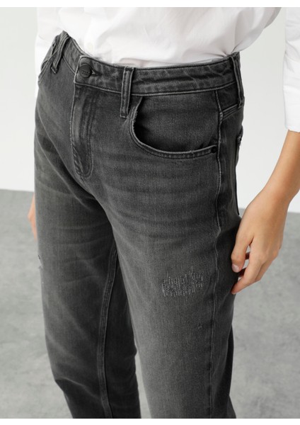 Yüksek Bel Dar Paça Mom Fit Antrasit Kadın Denim Pantolon DT10089 Antrasit