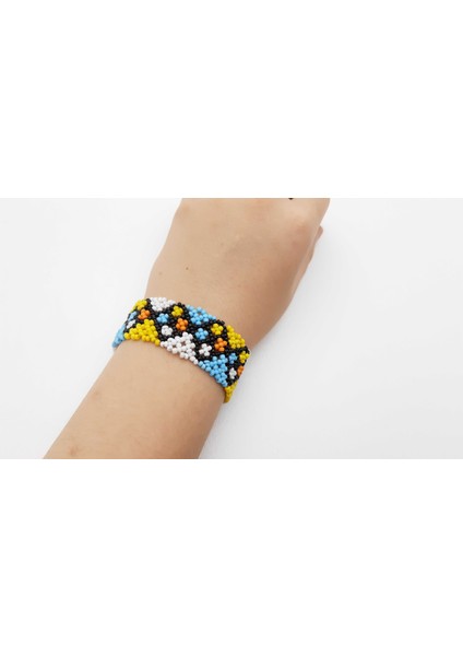 Kilim Desenli Kum Boncuklu Esnek Bayan Bileklik Model 01
