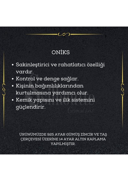 Sertifikalı Onix Doğal Taş Kadın Kolye 925 Ayar Gümüş üzeri 14k Gerçek Altın Kaplama