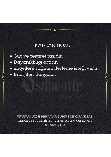 Sertifikalı Kaplangözü Doğal Taş Kadın Kolye 925 Ayar Gümüş üzeri 14k Gerçek Altın Kaplama