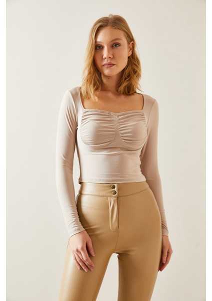 Bej Gögüs Drapeli Kare Yaka Bluz 4KXK2-47697-25 modelleri