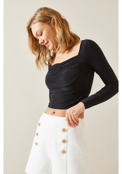 Siyah Gögüs Drapeli Kare Yaka Bluz 4KXK2-47697-02