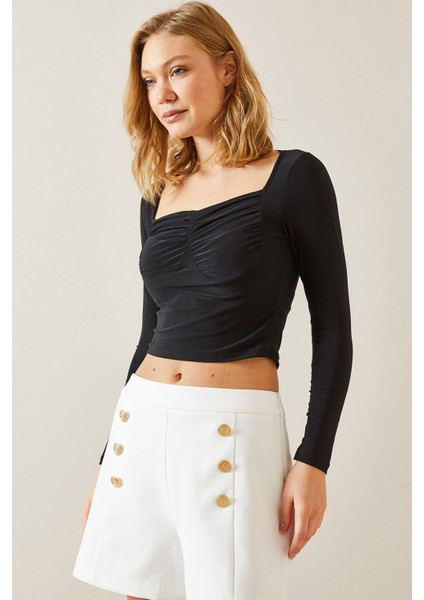 Siyah Gögüs Drapeli Kare Yaka Bluz 4KXK2-47697-02 fiyatları