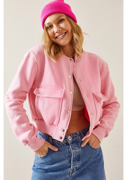 Pembe Çıtçıt Düğmeli Crop Bomber Ceket 3YXK4-47551-20