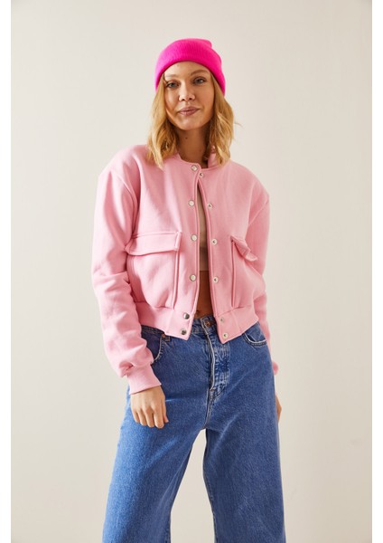 Pembe Çıtçıt Düğmeli Crop Bomber Ceket 3YXK4-47551-20