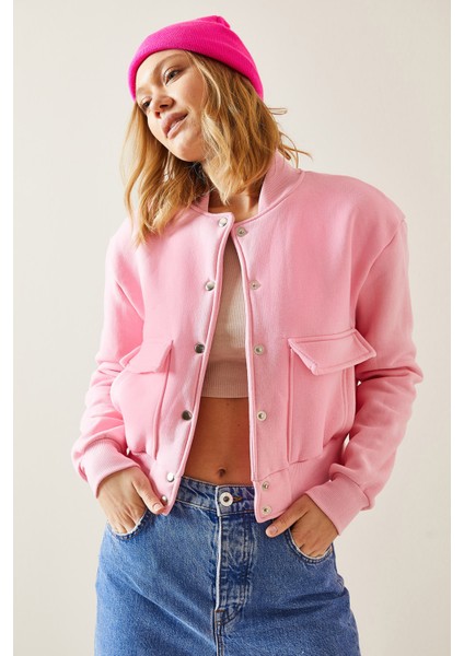 Pembe Çıtçıt Düğmeli Crop Bomber Ceket 3YXK4-47551-20