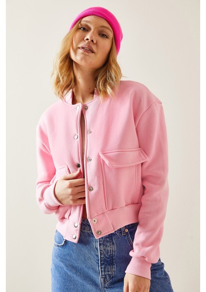 Pembe Çıtçıt Düğmeli Crop Bomber Ceket 3YXK4-47551-20