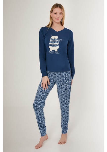 Kadın Mavi Uzun Kol Pijama Takımı