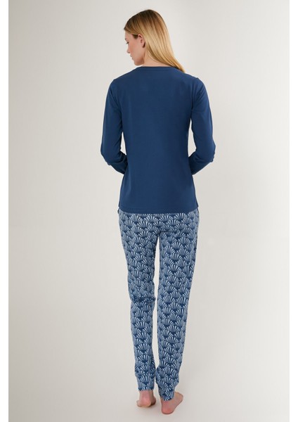 Kadın Mavi Uzun Kol Pijama Takımı