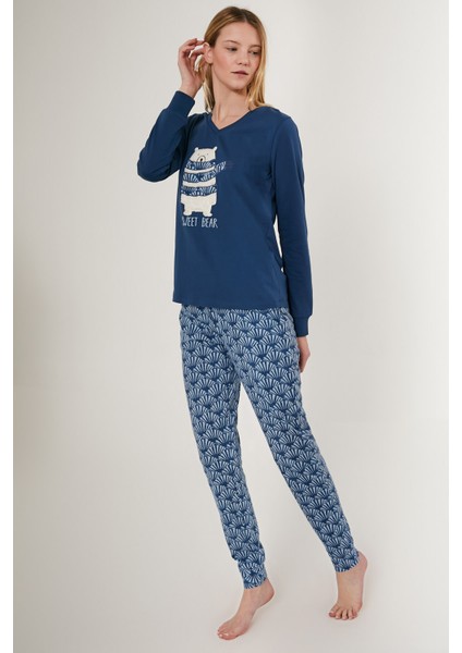 Kadın Mavi Uzun Kol Pijama Takımı modelleri