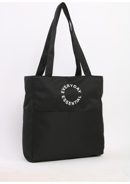 Soobepark 7 Bölmeli Fermuar Kapamalı Bondit Kumaş Shopper Omuz Çantası Siyah