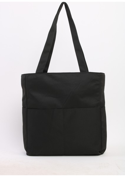 Soobepark 7 Bölmeli Fermuar Kapamalı Bondit Kumaş Shopper Omuz Çantası Siyah