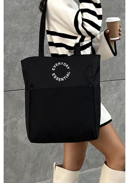 Soobepark 7 Bölmeli Fermuar Kapamalı Bondit Kumaş Shopper Omuz Çantası Siyah