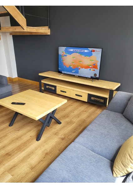 Masif Ahşap Demir Çekmeceli Tv Ünitesi 45 x 160