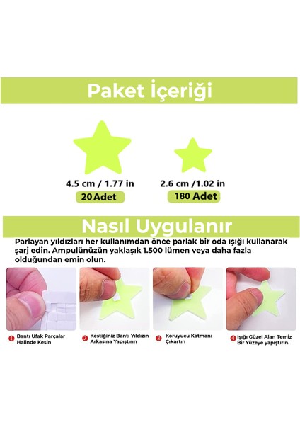 200 Adet Karanlıkta Parlayan Fosforlu Yıldız Dekoratif Sticker Sü