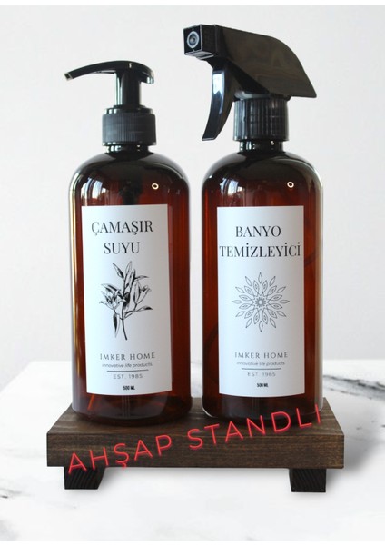 Ahşap Stantlı Amber Plastik Pompalı Çamaşır Suyu Fısfıslı Banyo Temizleyici Şişesi 500Ml