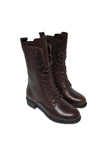 Içi Polarlı /gerçek Deri Bağlı Fermuarlı Rahat Kadın Kısa Topuk Çizme 8470