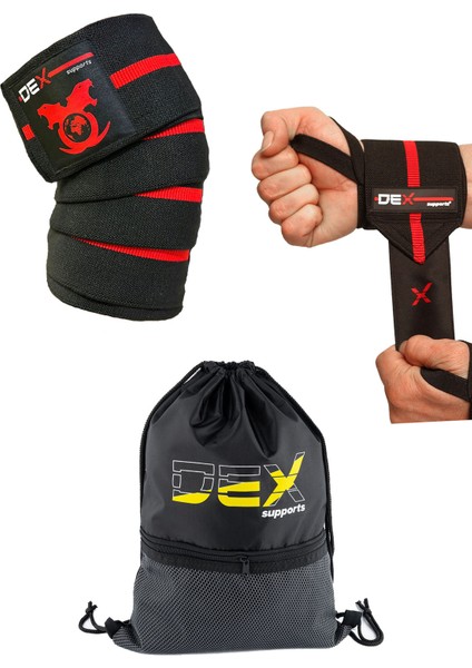 Dex Supports Diz Bandajı (Knee Wraps) , Spor Bileklik (Wrist Wraps), Sackpack( Spor Çanta )3'lü Set