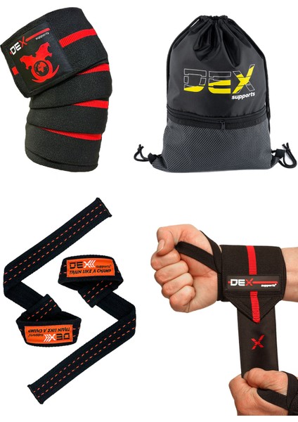 Dex Supports Diz Bandajı (Knee Wraps),spor Bileklik(Wrist Wraps) , Straps (Halter Kayışı), Sackpack 4'lü Set