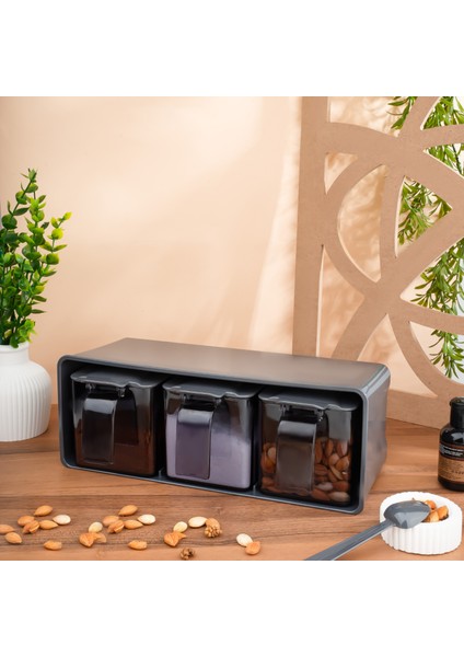 Baharatlık Seti 3'lü Standlı Kendinden Kaşıklı Baharatlık Seti Üç Bölmeli 600 ml Baharat Takımı