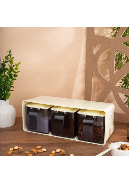 3'lü Standlı Kendinden Kaşıklı Kapaklı Baharatlık Takımı Üç Bölmeli 600 ml Beyaz