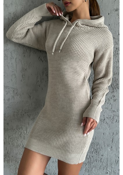 Kapüşonlu Uzun Kollu Vizon Renk Triko Elbise modelleri
