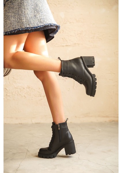 Kadın Marko Bağcıklı Kısa Topuklu Bot - Siyah-Deri