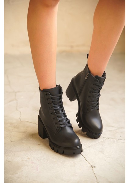 Kadın Marko Bağcıklı Kısa Topuklu Bot - Siyah-Deri modelleri