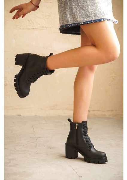 Kadın Marko Bağcıklı Kısa Topuklu Bot - Siyah-Deri fırsatları