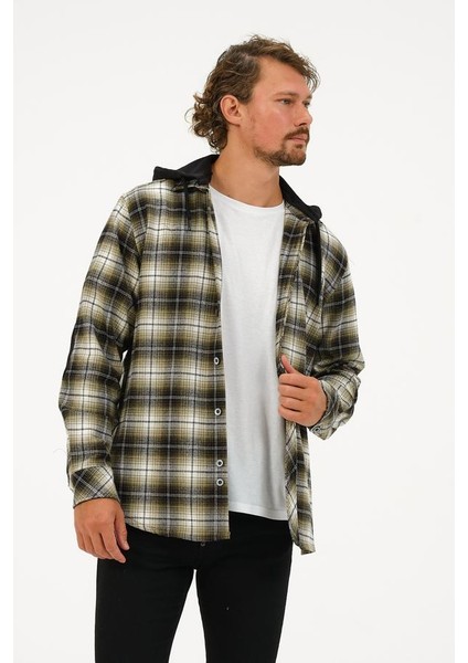 Erkek Haki Oversize Çıkarılabilir Kapüşonlu Ekose Oduncu Gömlek