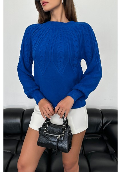 Saç Örgü Desenli Saks Mavi Triko Kazak fiyatları