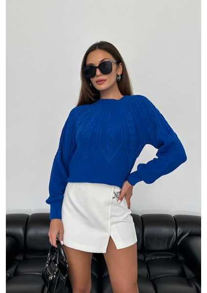 Saç Örgü Desenli Saks Mavi Triko Kazak modelleri