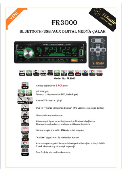 Fi Audio FR3000 Bluetooth/usb/aux Dijital Medya Çalar Oto Teyp